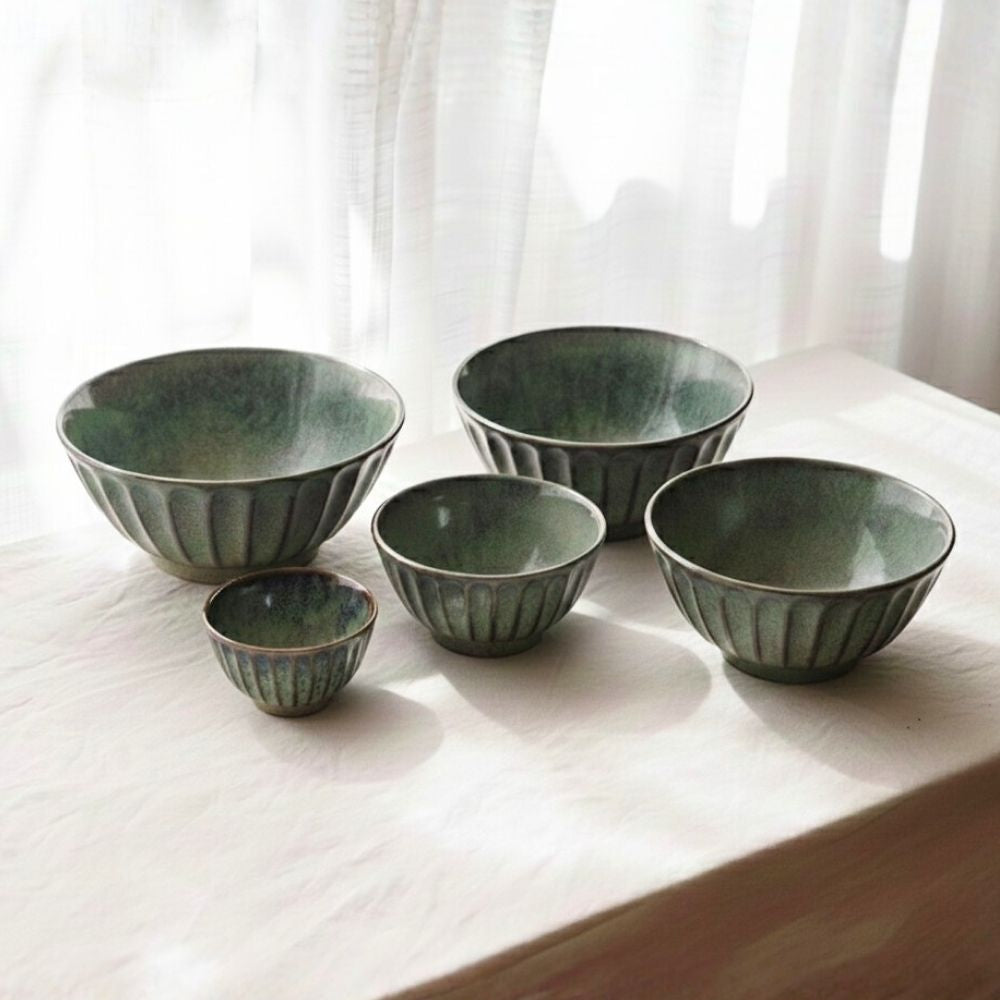 sage green ribbed ceramic bowl set of 5 for serving snacks meals and daily dining use with elegant textured design